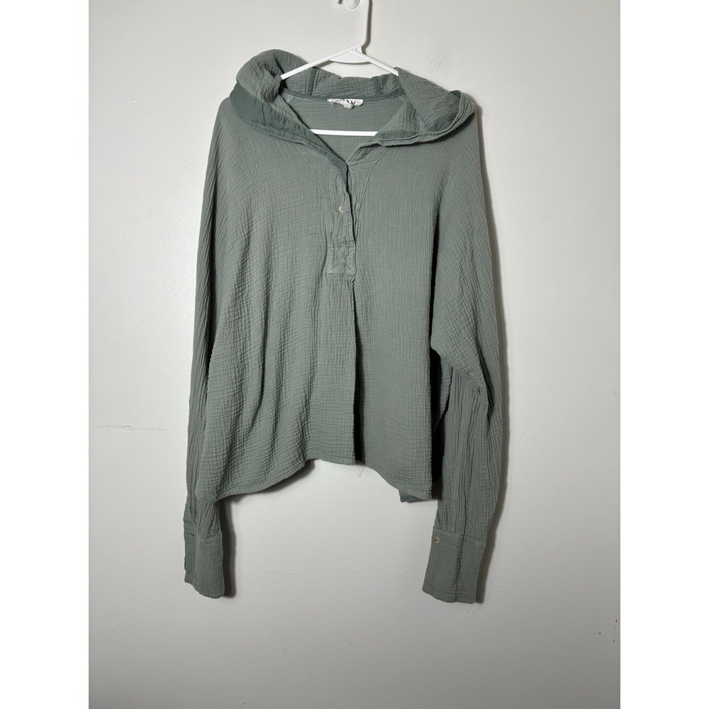 P.cill Crushed Cotton Henley Button Up Relaxed Hooded Top Sz M Green Boho Boxy